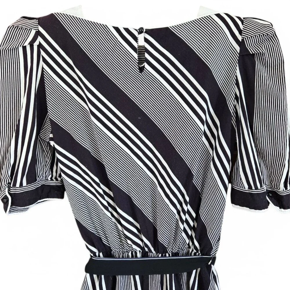 Vintage Brown & White Striped Midi Dress | Handmade 1980s Elastic Waist - Picture 14 of 16